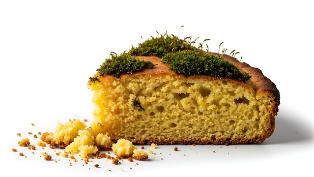 Surreal slice of yellow cornbread or cake with a layer of green moss and tiny sporophytes growing on the crust, isolated on white background.