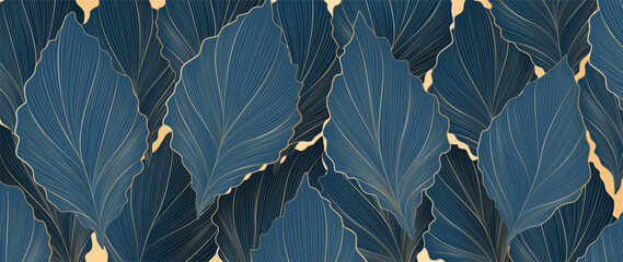 Art background with blue exotic plant leaves and line elements. A botanical banner for decor, prints, wallpaper, textiles, packaging, and interior design.