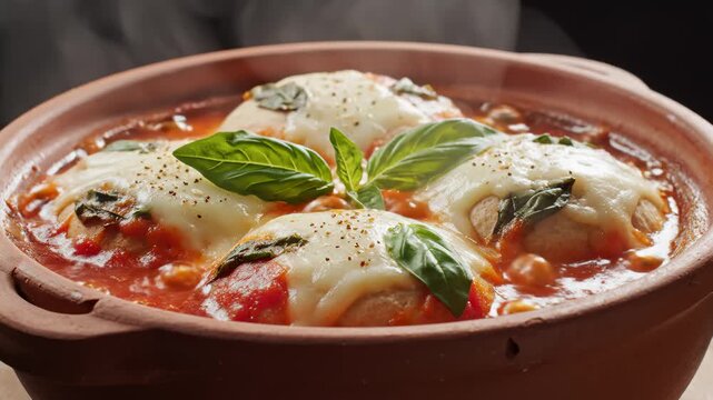 Close Up View of Baked Chicken Parmigiana in Clay Pot With Tomato Sauce, Mozzarella and Basil