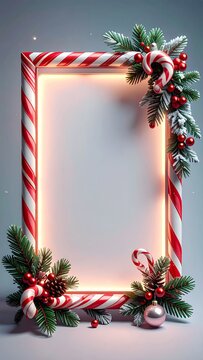 Festive Christmas Candy Cane Frame with Glowing Center and Holiday Decorations.