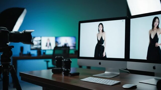 A photography studio setup with camera on tripod, computer showing model, and lighting