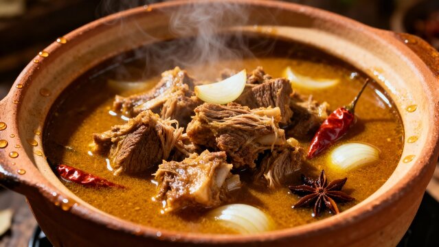 Realistic photo of tongseng kambing with thick sweet-spicy broth, high resolution, sharp focus, no text, no watermark, professional food photography