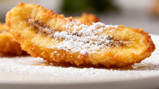 Realistic photo of pisang goreng crispy with powdered sugar sprinkle, high resolution, sharp focus