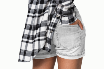 Png girls' denim shorts mockup transparent for youth apparel shoot rear view
