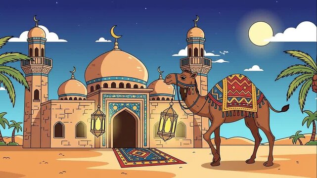 Camel and Mosque in Desert Cartoon Illustration Arabian Night Scene