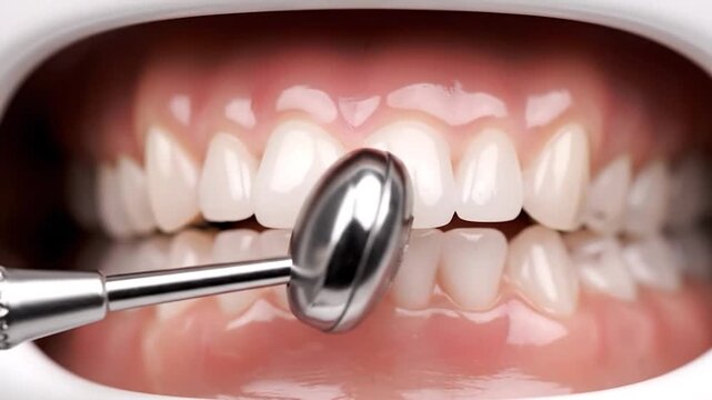 Close-up of even, pearly white teeth within an open mouth, revealing gums and dental work