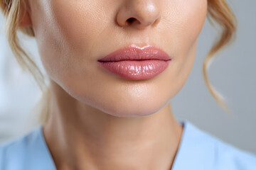 Fototapeta premium Woman showing lips with natural shine in a beauty setting during daylight hours