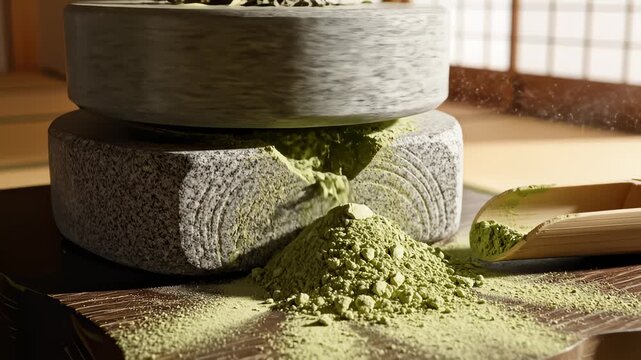 Grinding Tea Leaves With Stone Mill Into Matcha Powder in Japanese Room