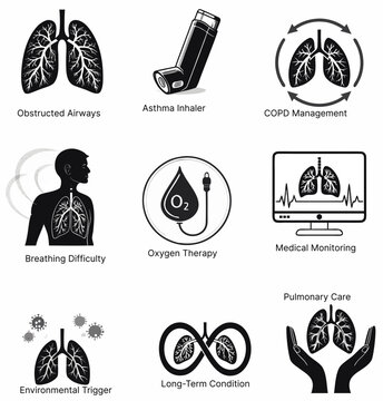 Chronic Respiratory Diseases (COPD, asthma) minimalistic black vector icon sheet  medical-style silhouettes in transparent background.