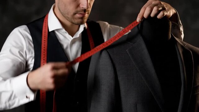 A tailor meticulously measures a suit jacket on a mannequin, red tape measure visible