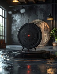 Sleek Black Target with Red Bullseye on Reflective Surface in Modern Interior.