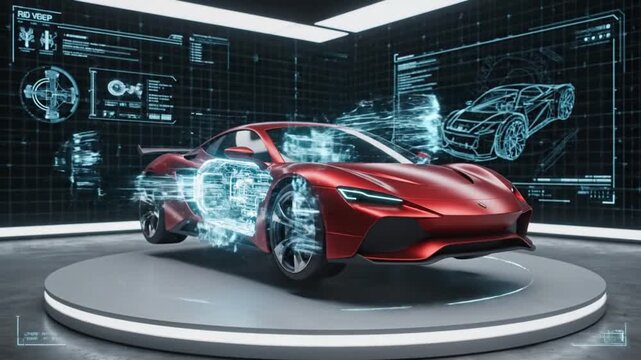 Futuristic Car Engineering Blueprint 3D Model Exploded View of Electric Vehicle