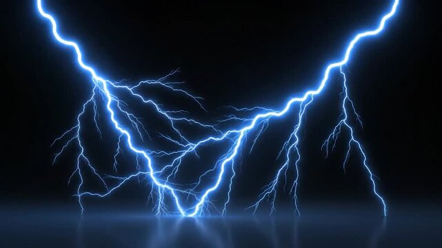 Electric bolts of vivid blue crack across a dark canvas, reflections adding to the glow