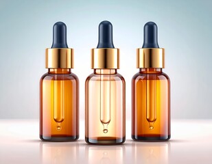 Three amber dropper bottles with golden caps and visible liquid, arranged in a row against a light background, showcasing cosmetic or medicinal products.
