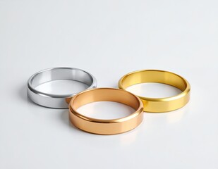 Three elegant wedding bands in gold, rose gold, and silver, symbolizing unity and commitment on a pristine white background.