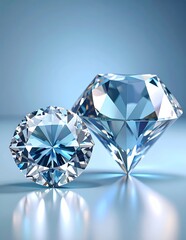 Two brilliant cut diamonds sparkle on a reflective surface, showcasing their facets and clarity against a soft blue background, symbolizing luxury and preciousness.