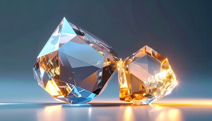 Two brilliantly cut diamonds reflecting warm and cool light, showcasing their facets and clarity.