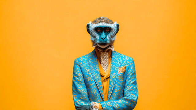 Singe &eacute;l&eacute;gant portant un costume bleu