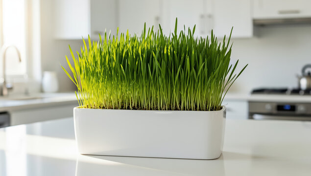 Fresh green grass growing in a white planter against a modern kitchen - Powered by Adobe