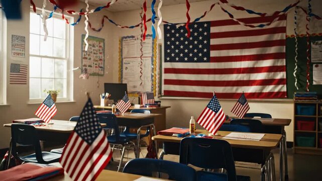 Classroom Decorated with American Flags Patriotic Setting.