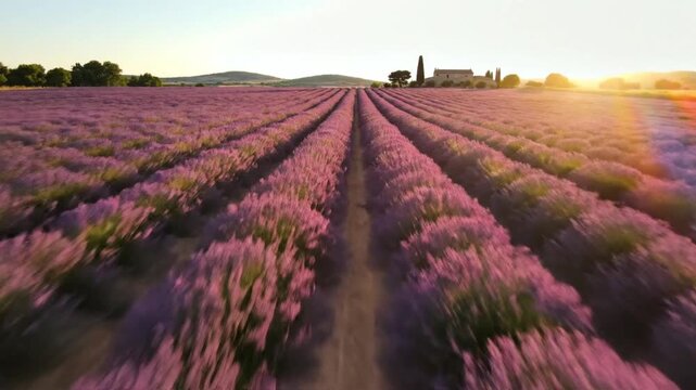 Lavender Field Provence France Sunset Rows Agriculture Rural Landscape Nature