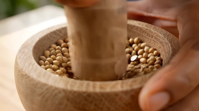 Person Grinding Coriander Seeds Using Mortar and Pestle, Food Prep
