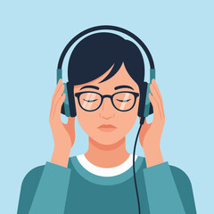 Person with headphones listening to music, eyes closed, relaxed pose
