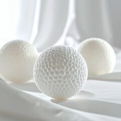 White laundry balls on a white sheet, close-up, soft focus, clean and fresh.