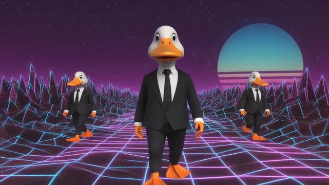 Group of three cool ducks wearing black business suits walking forward on retro neon grid background in synthwave style.