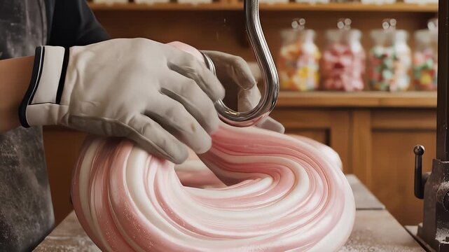 Candy Maker Stretching Pink and White Candy With a Hook Machine