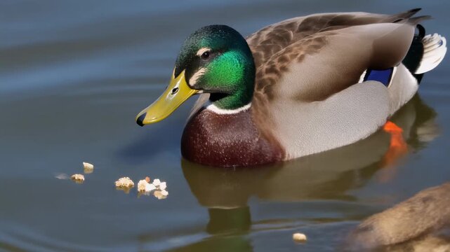 Male Mallard Duck Swimming in Calm Water with Reflections.