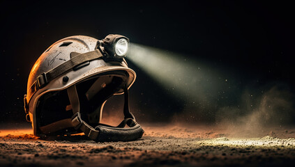 Mining helmet with light glowing in dusty environment  