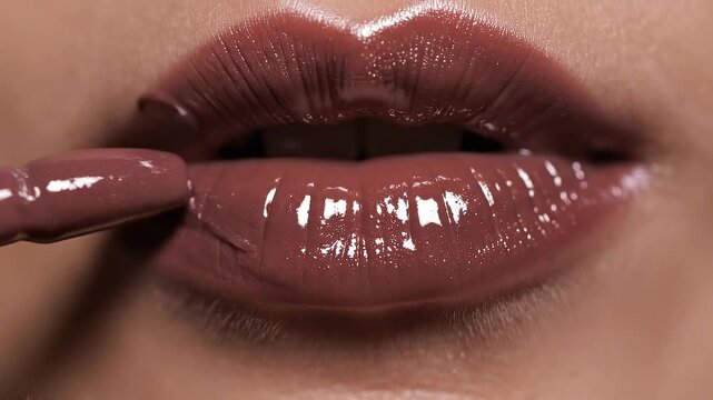 Close-up view of lips being applied with brown lip gloss using a lip brush