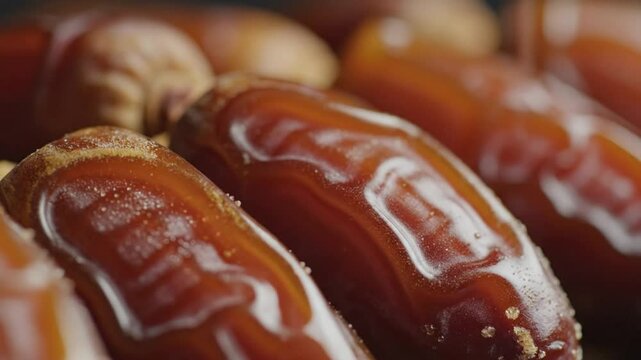 Close-up view of glossy dates with textured surface and stem attachment, showcasing intricate details and vibrant texture