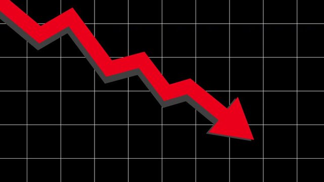 Red down indicator arrow with digital grid, symbolizing economic recession and financial crisis