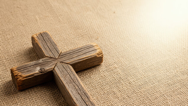 Wooden cross resting on burlap background with soft lighting  
