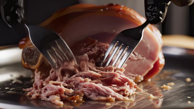Close Up of Pork Shank Being Pulled Apart With Forks on Plate