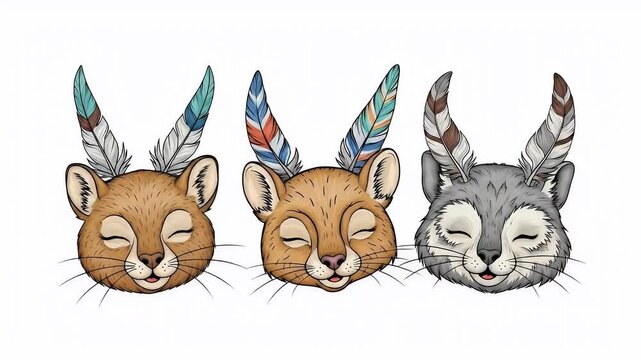 Three Cute Cartoon Animals with Feathers Boho Style