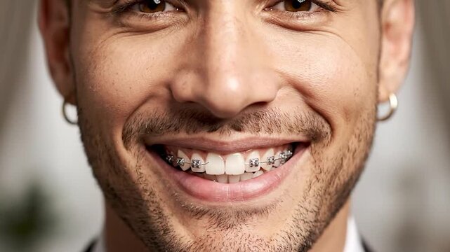 A close up shows a man smiling, with braces and a goatee. He has hoop earrings