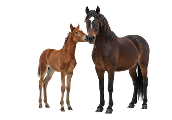 Obraz premium Slender bay pony with white stockings and dark bay pony with white blaze, gently interacting on transparent studio background with copy space, concept of equine companionship