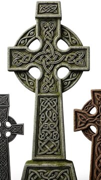 Three Ornate Celtic Crosses Stone And Metal On White Background
