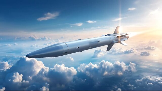 A sleek silver missile soars through the sky above the clouds with sunlight shining brightly from the right side.