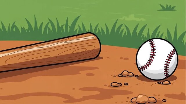 Baseball Bat and Ball on Dirt Field Cartoon