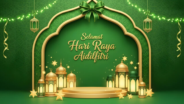 Festive greetings for Hari Raya Aidilfitri with ornate lanterns and glowing lights