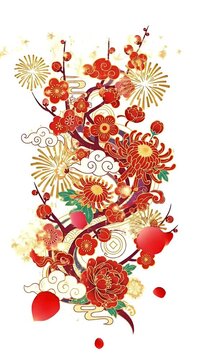 Traditional Asian Floral Branch With Red Flowers And Green Leaves Motion Graphics