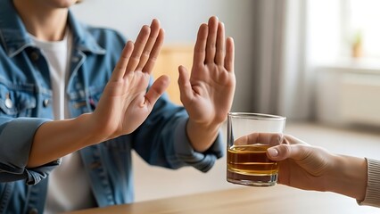 Person refusing to drink alcohol, showing a firm stance against temptation or addiction