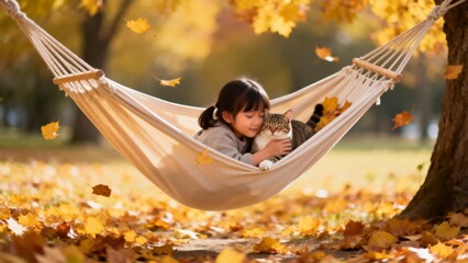 Child and cat in hammock during autumn