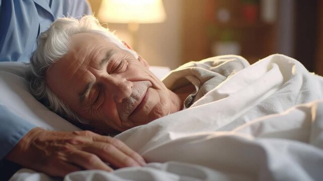 Peaceful senior man sleeping in bed with gentle caregiver hand