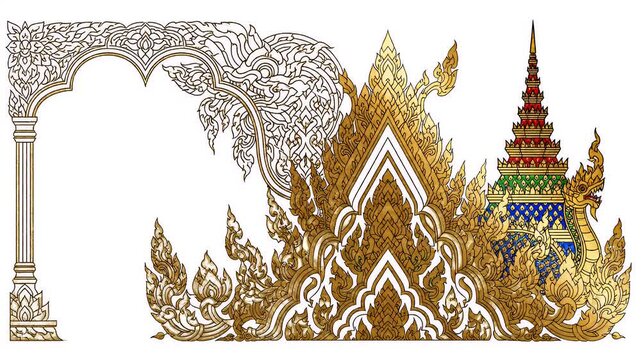 Traditional Thai Archway With Golden Ornate Details And Temple Silhouette