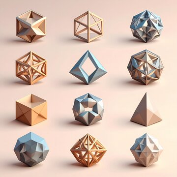 Collection of geometric shapes and abstract forms, showcasing various polyhedra and intricate designs in a minimalist setting.